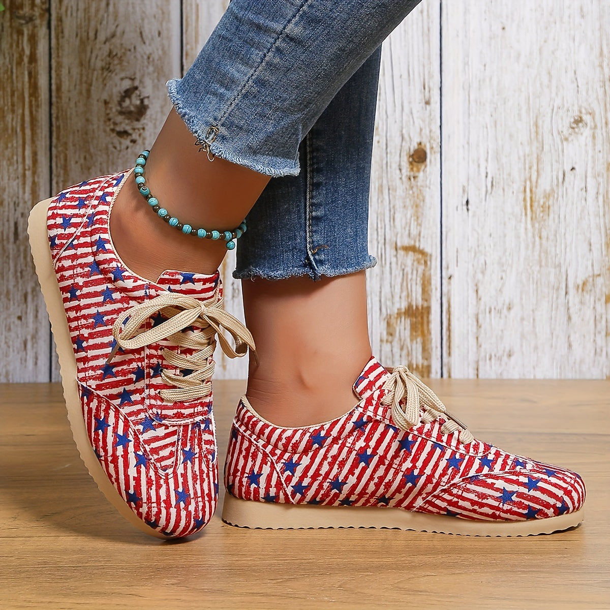 Women's Star & Striped Canvas Shoes Lace Up Lightweight 4th Of July Shoes