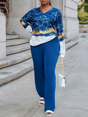 Women's Plus Marble Print Top & Pants Outfits Set