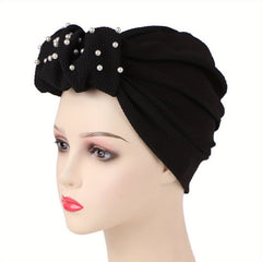 Faux Pearl Decor Turban Cap Embossed Pleated Head Wrap Elastic Beanie Headscarf
