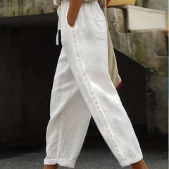 Contrast Lace Straight Leg Pants Casual Pocket Drawstring Pants