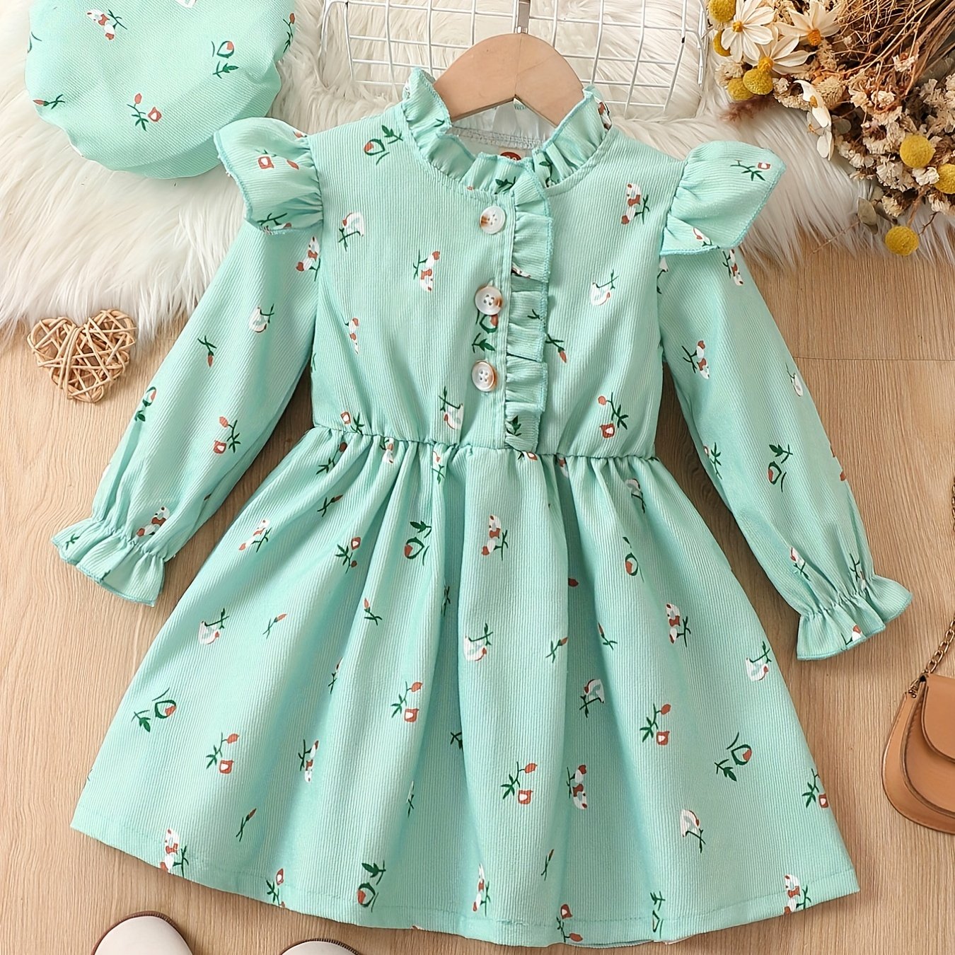 Girls Ruffle Collar Floral Dress And Hat Set