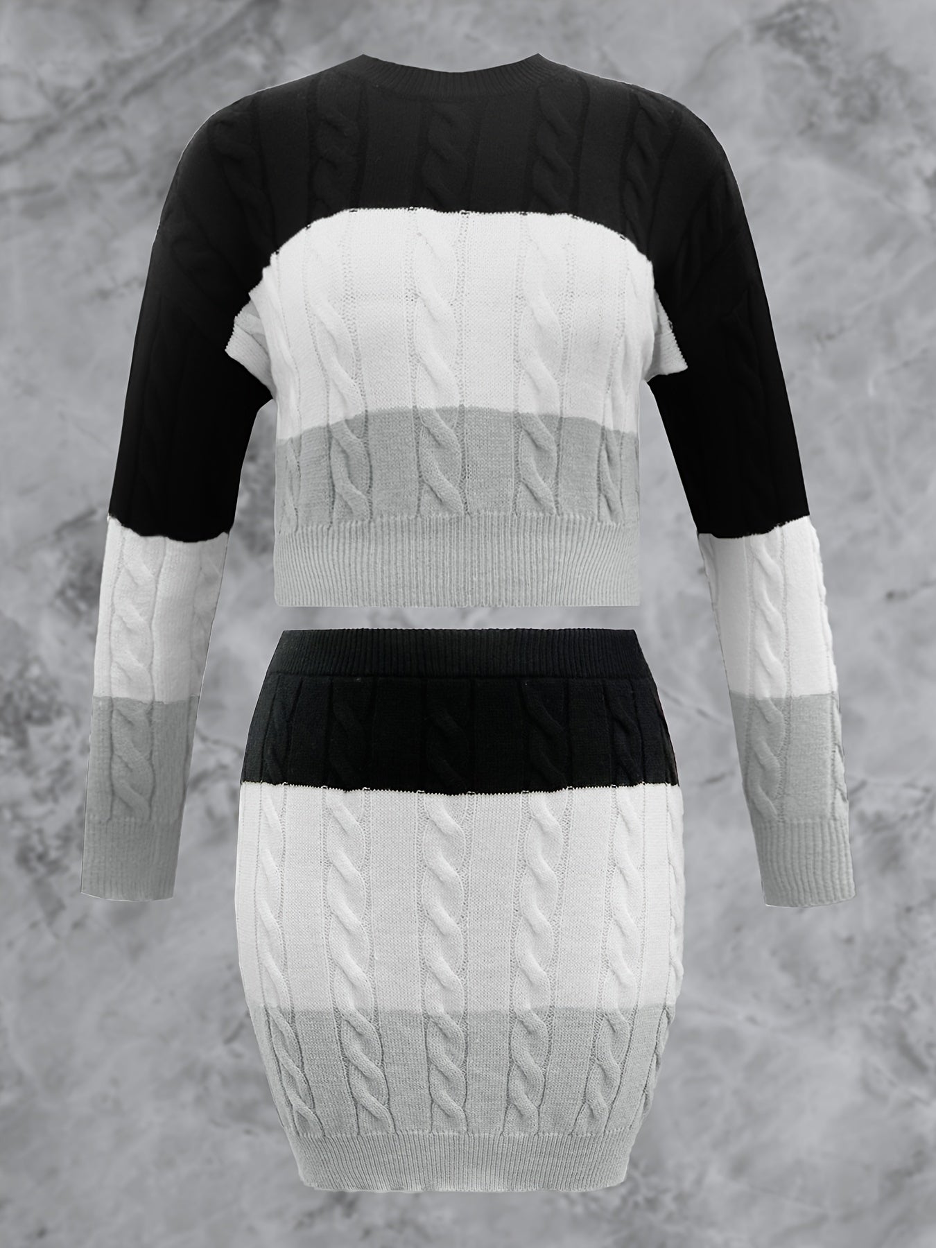 Colorblock Cable Sweater & Bodycon Skirt Set
