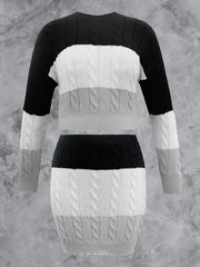 Colorblock Cable Sweater & Bodycon Skirt Set