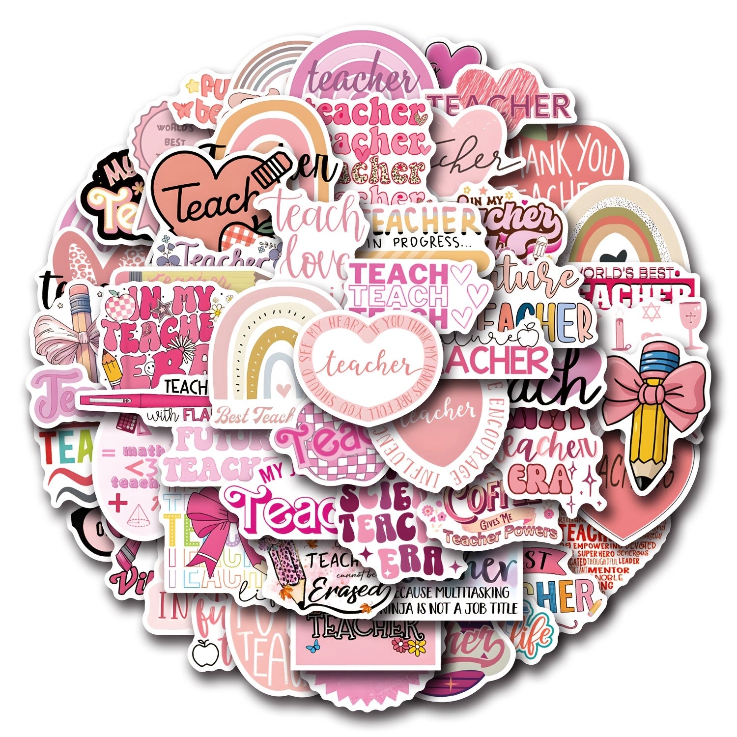 55pcs Pink Teacher Cartoon Stickers Set Vinyl Decals for Phones Laptops Water Bo