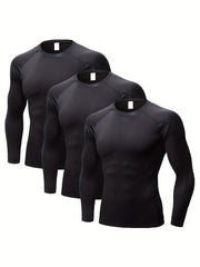 3pcs Men's Long Sleeve Compression Shirts For Sports Gym Fit