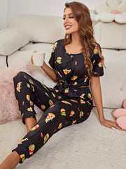 Cartoon Food Pajama Set Short Sleeve Top & Pants