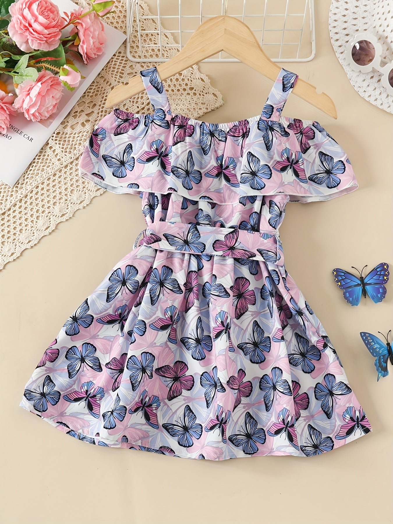 Toddler Girls Butterfly Graphic Princess Dress Cold Shoulder Ruffle Trim Belted