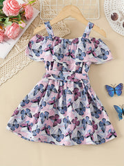 Toddler Girls Butterfly Graphic Princess Dress Cold Shoulder Ruffle Trim Belted