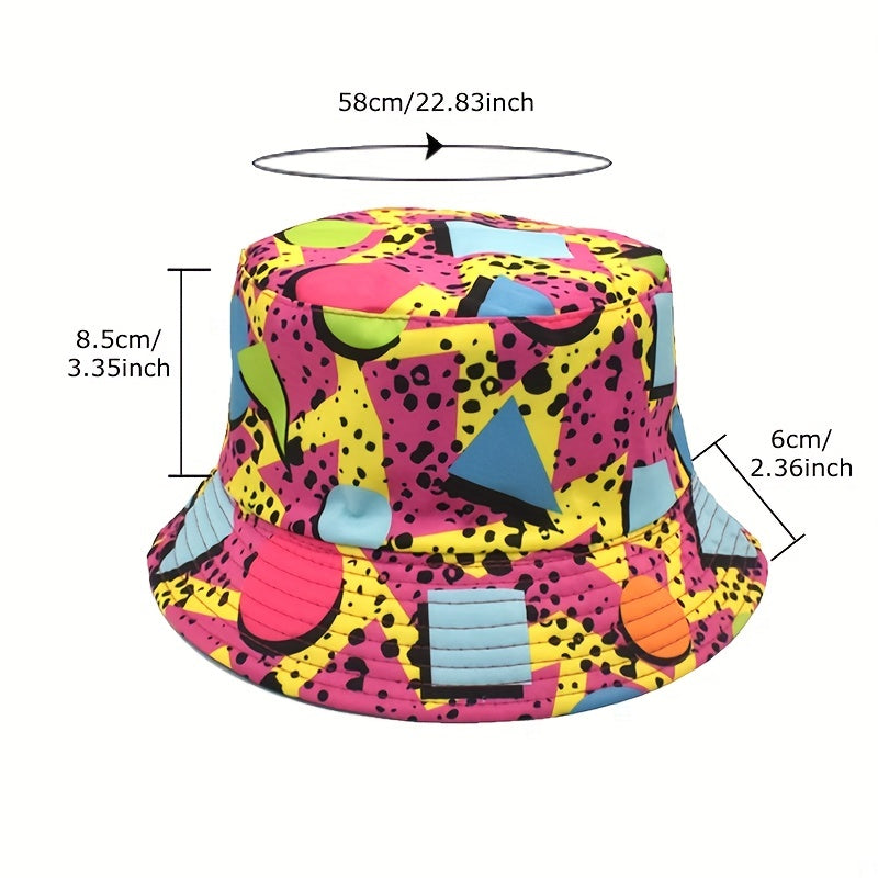 Cartoon Graffiti Print Bucket Hat Hip Hop Geometric Block Reversible Sun Hat