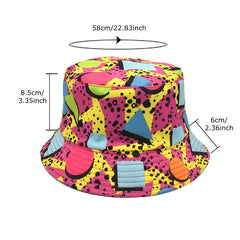 Cartoon Graffiti Print Bucket Hat Hip Hop Geometric Block Reversible Sun Hat