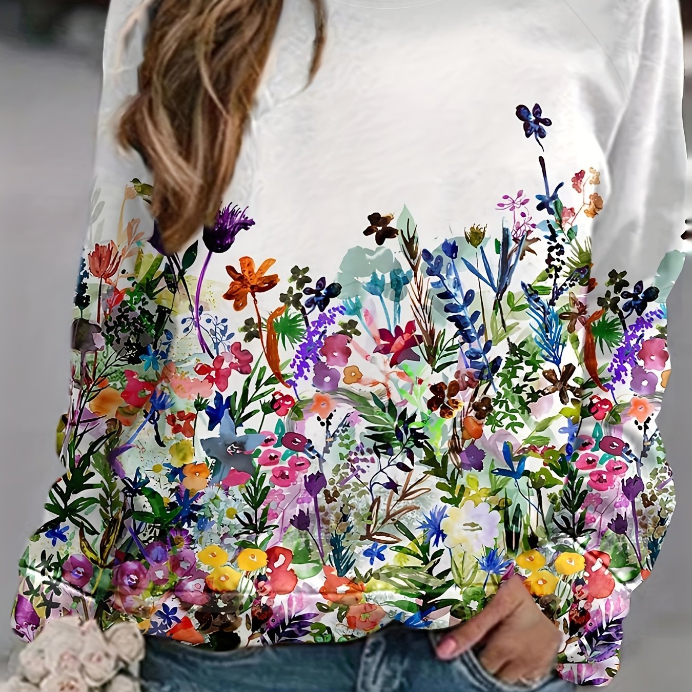 Floral Print Pullover Sweatshirt Long Sleeve Crew Neck Spring Fall Casual Swea