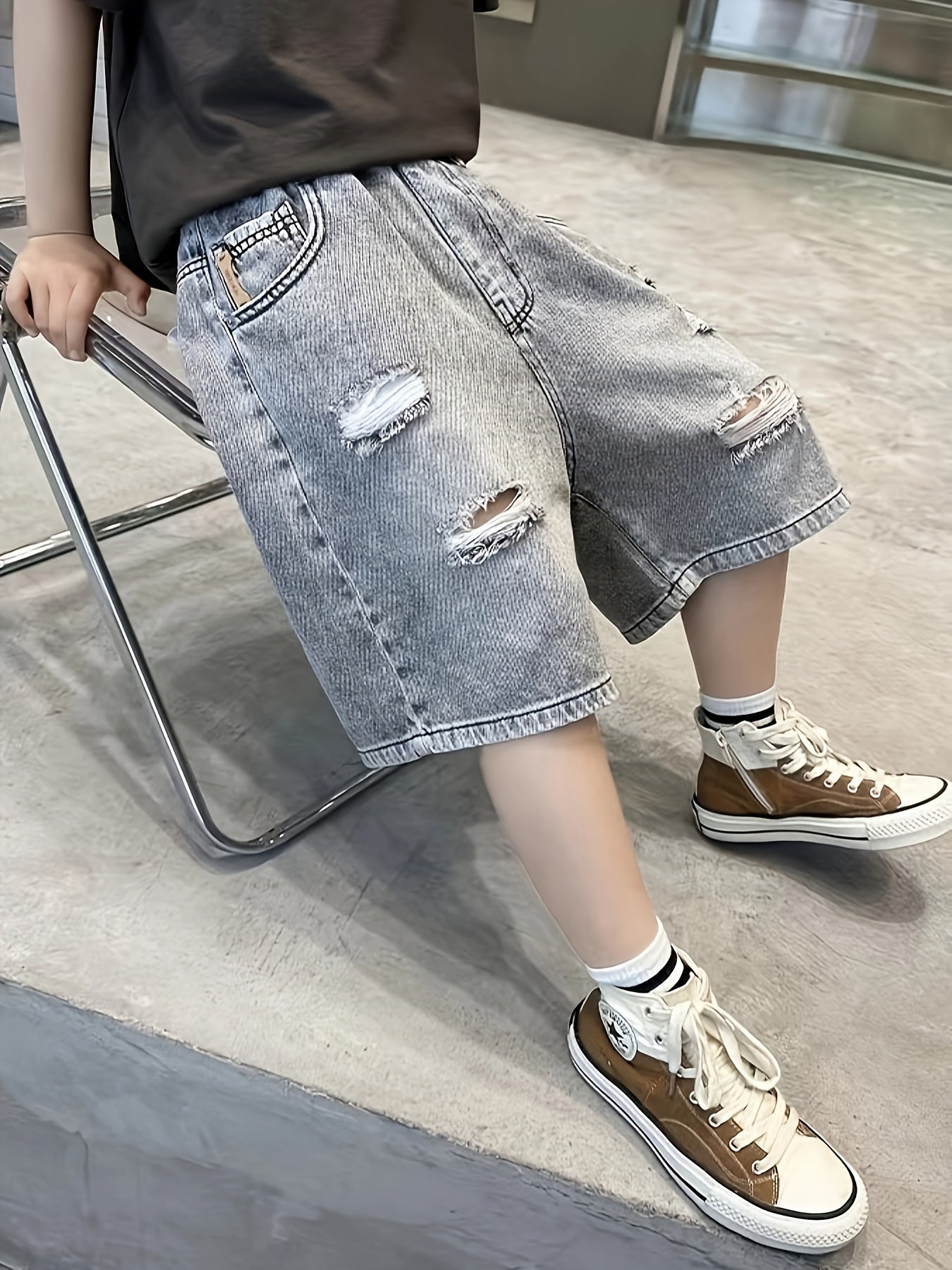 Boys Ripped Denim Jeans Shorts Pockets Casual Summer Kids Clothing