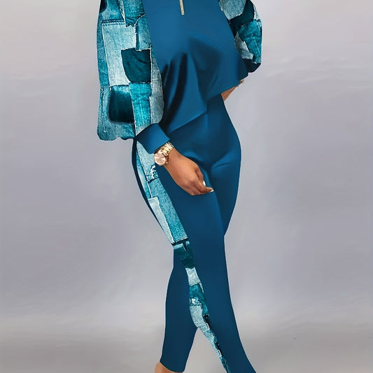 Colorblock Denim Print Lantern Sleeve Top & Pants Set