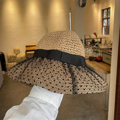 Mesh Straw Sun Hat Crochet Breathable Bucket Hat Wide Brim Foldable