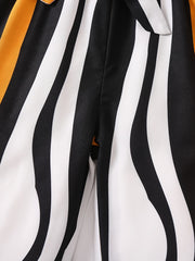 2pcs Toddler Girls Striped Belted Jumpsuit & Hat Set