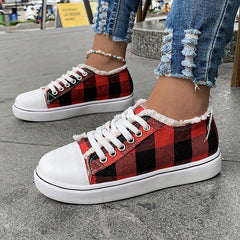 Women's Plaid Canvas Low Top Flat Sneakers Lace Up Walking Shoes