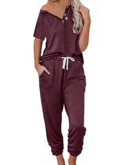 Casual Solid 2pc Set Short Sleeve Button T-shirt & Drawstring Pants