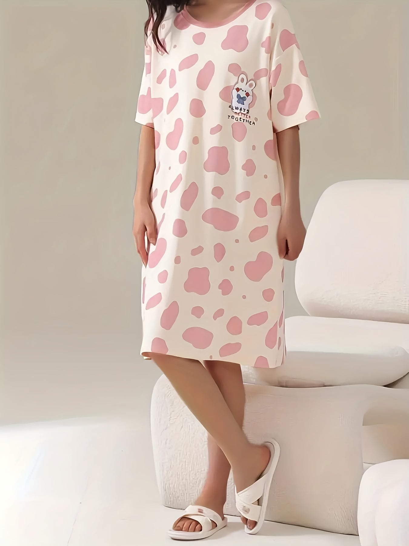 Bunny Print Lounge Dresses & Comfy Short Sleeve Home Dress Women's Loungewear
