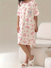 Bunny Print Lounge Dresses & Comfy Short Sleeve Home Dress Women's Loungewear