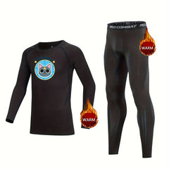 2pcs Kids Compression Fleece Sets Cat Pattern Crew Neck Pullover Pants