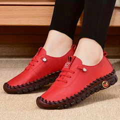 Women's Lace-Up Flat Sneakers Round Toe Faux Leather Casual Walking Shoes