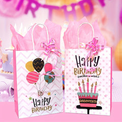 4pcs Happy Birthday Gift Bag Set with Wrappers and Ribbon Ties - Pink Series