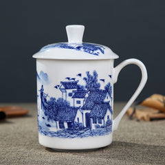 Flower Printed Porcelain Cup With Lid 17.6oz Ceramic Water Mug Tea Coffee Cup