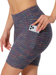 Seersucker Fabric Sports Shorts High Waist Yoga Pants Women's Activewear