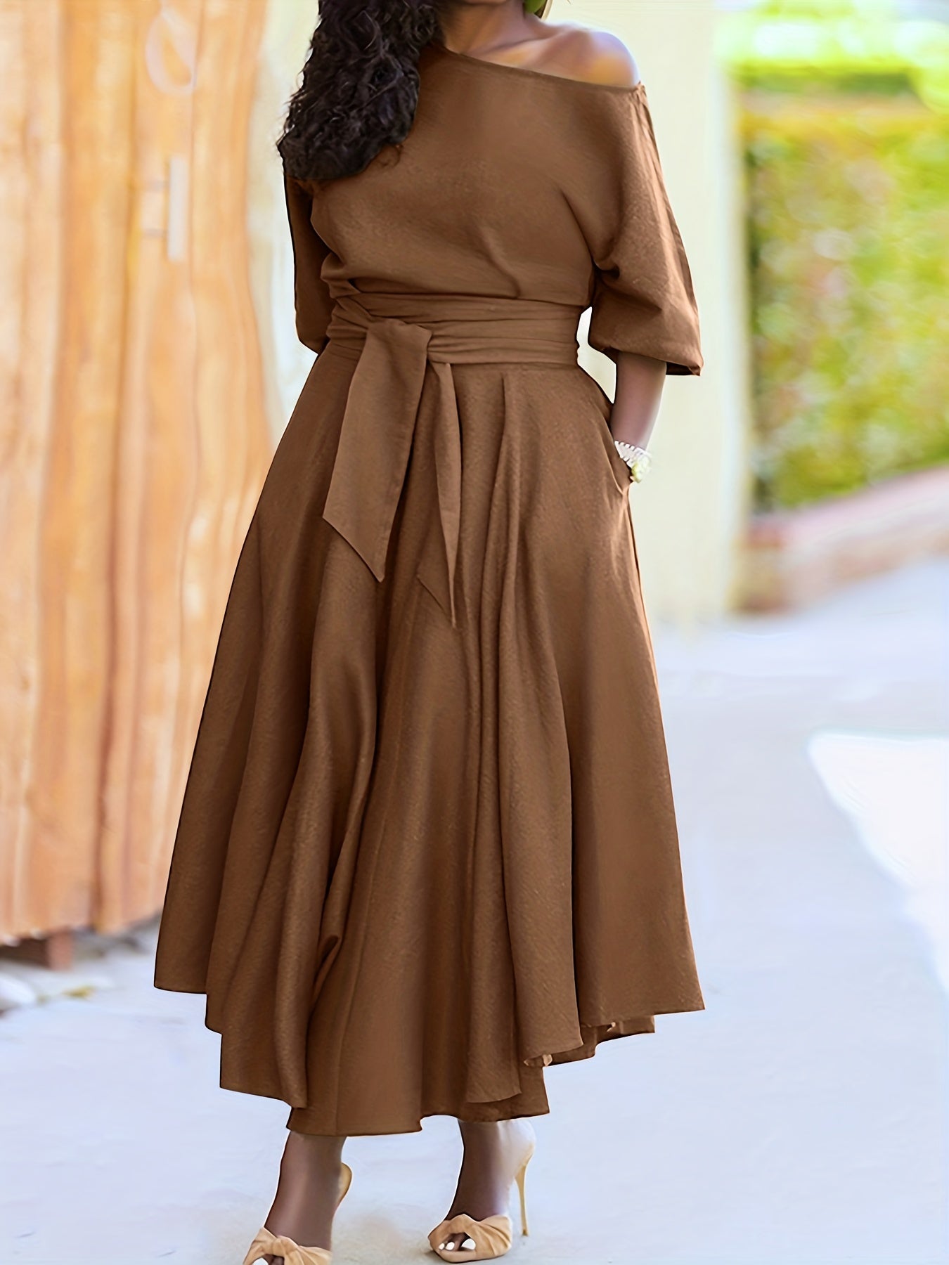 Solid Bubble Sleeve Maxi Dress With Belt