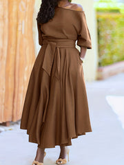Solid Bubble Sleeve Maxi Dress With Belt