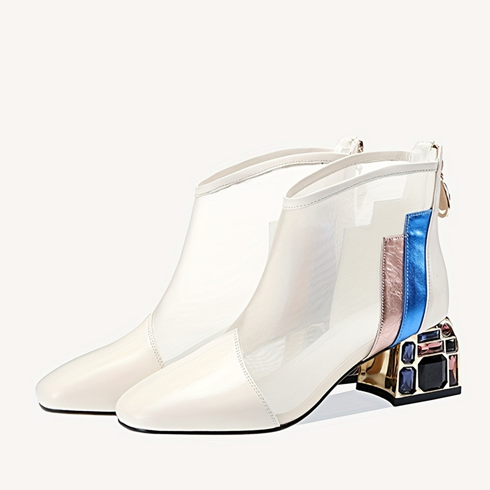 Women's Mesh Heeled Sandals Pointed Toe Rhinestone Chunky Heels Ankle Boots