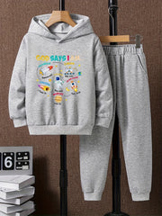 2pcs Astronaut And Planet Print Boys Hoodie Set