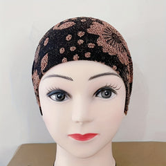 Glitter Flower Embroidery Turban Cap Beanie Elastic Head Wrap