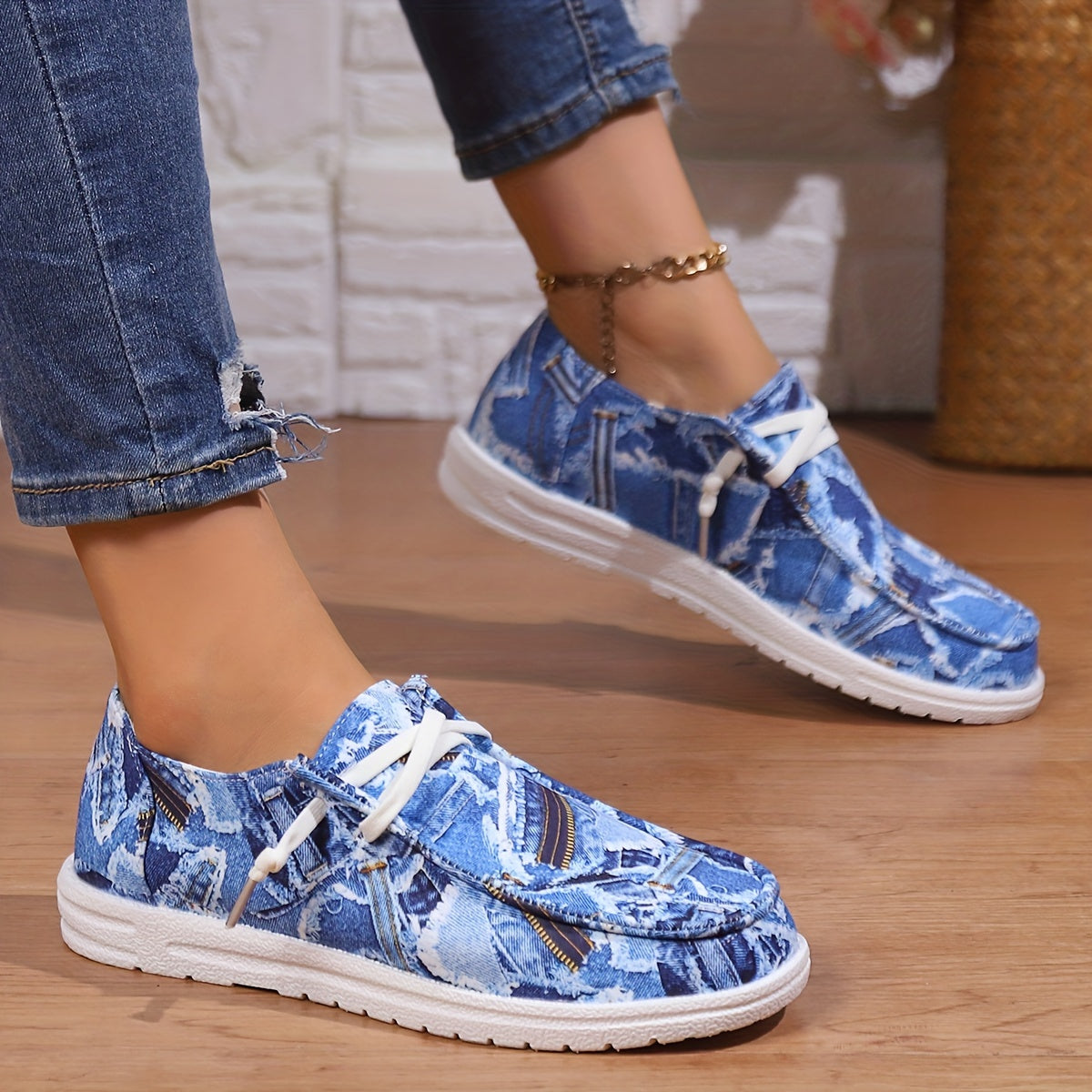 Ripped Denim Slip On Sneakers Lightweight Comfortable Shoes