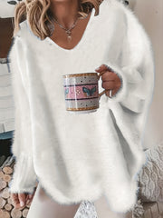 Solid Eyelash Long Sleeve V Neck Sweater