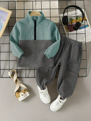 Boys Corduroy Sweatshirt & Pants Set, Stand Collar Zip, Elastic Waist