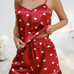 Heart Print Pajamas Set V Neck Cami Top & Shorts Women's Sleepwear