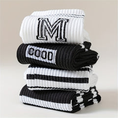 5 Pairs Letter & Striped Print Socks Mid Tube Stockings