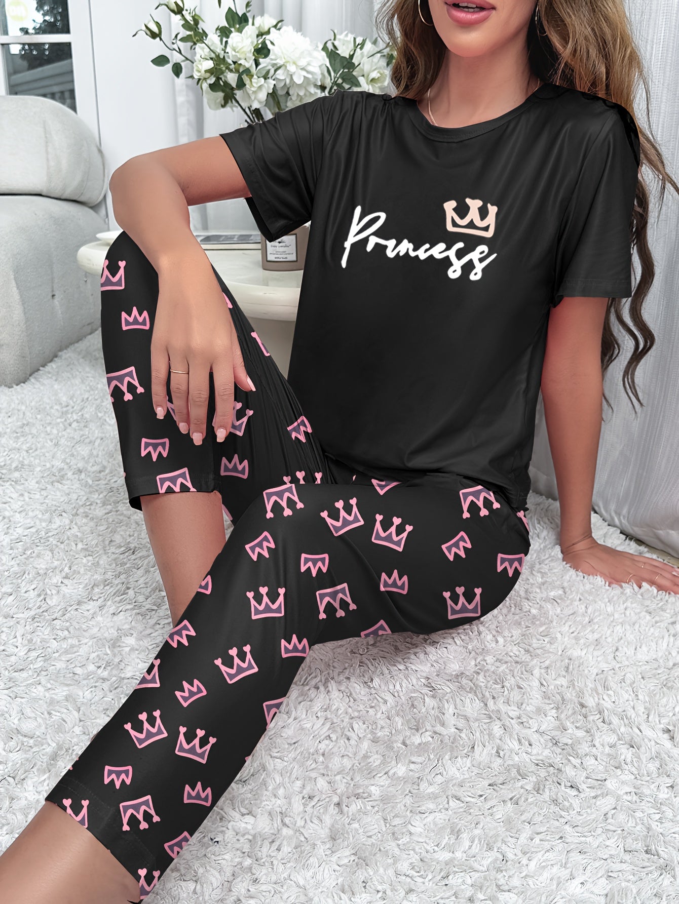 Crown & Letter Print Pajama Set Short Sleeve Top & Pants