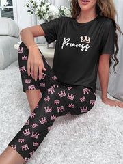 Crown & Letter Print Pajama Set Short Sleeve Top & Pants