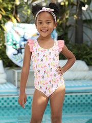 2pcs Toddler Girls Animal One Piece Swimsuit & Headband Set