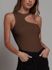 Sexy Asymmetrical Solid Bodysuit Sleeveless Crew Neck Women's Clothing