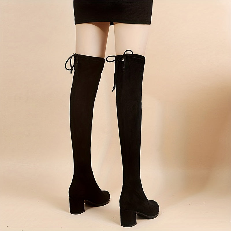 Women's Chunky Heeled Long Boots Pointed Toe Back Lace Up Over the knee Boots