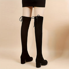 Women's Chunky Heeled Long Boots Pointed Toe Back Lace Up Over the knee Boots