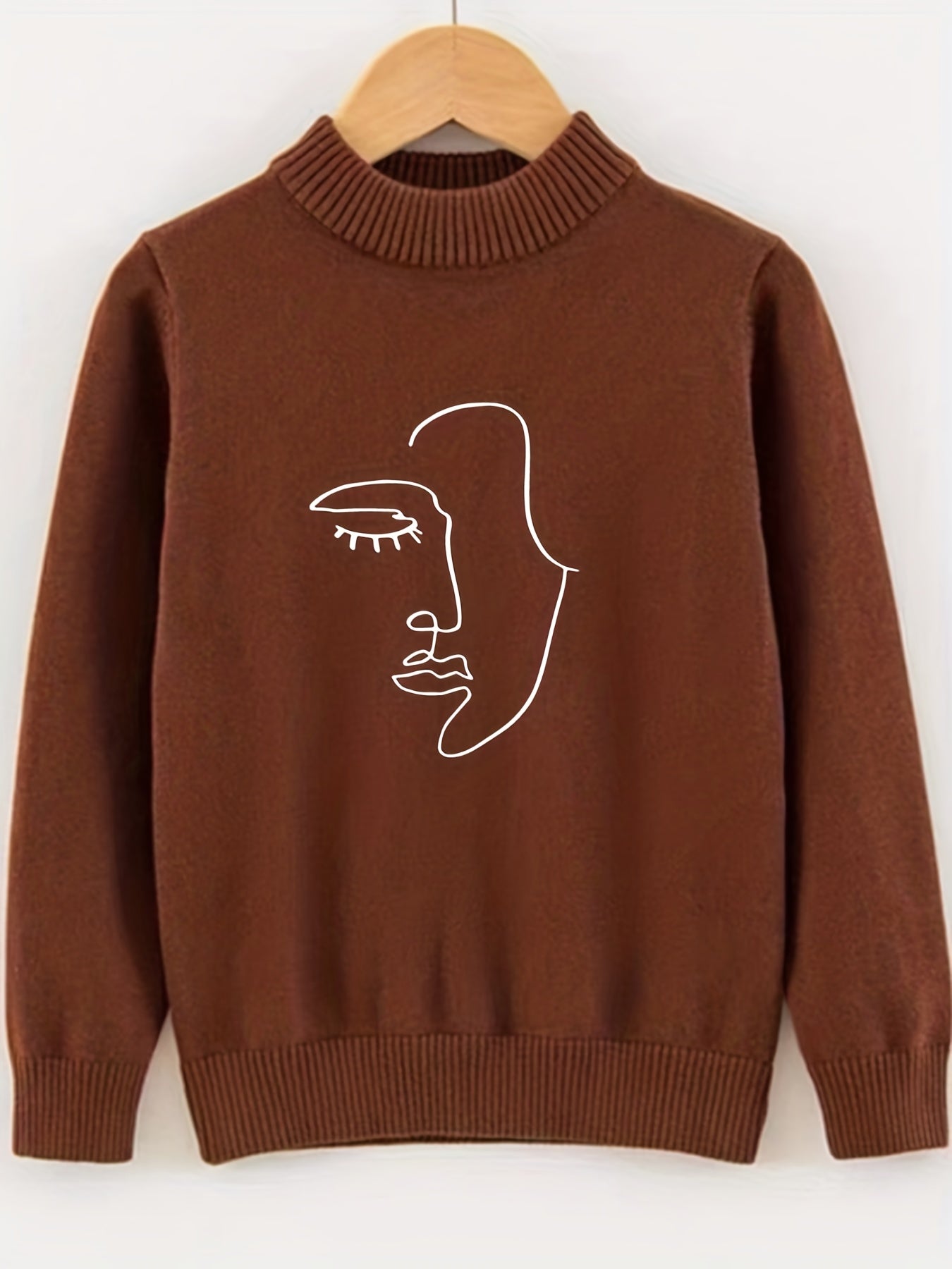 Abstract Face Painting Print Knitted Sweater Men's Warm Crew Neck Pullover