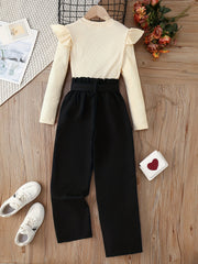Girl's Ribbed Top & Wide Leg Pants Set for Spring Fall
