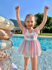 Hanfu Style Flower Graphic 1-Piece Bathing Suit for Girls