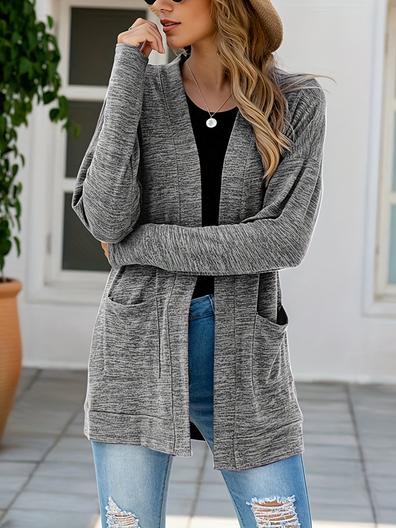 Solid Drop Shoulder Cardigan with Pockets for Women