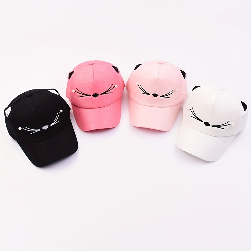 Girls Cat Embroidery Baseball Cap with Pearls Sun Protection Sunshade Hat