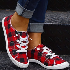 Plaid Pattern Non-slip Flat Shoes Women's Casual Lace Up Sport Shoes